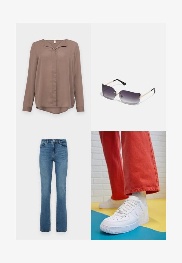 ONLY ONLTIANA LIFE LOOSE  - Bluse - brown lentil; Helle blaue Denim-Jeans mit geradem Bein, fünf Taschen und einem regulären Bund. Merkmale sind dezente Ausbleichungen und kontrastierende Nähte.; Weiße Leder-Sneaker mit perforiertem Zehenbereich, strukturiertem Sohlen und weißen Schnürsenkeln, kombiniert mit weiten roten Hosen und einem blauen und gelben Hintergrund.; Sonnenbrille mit grauem Verlaufslinse, goldfarbigem Metallrahmen und schwarzen Kunststoffakzenten. Einzigartige, schmetterlingsförmige Gläser mit dünnen Bügeln.