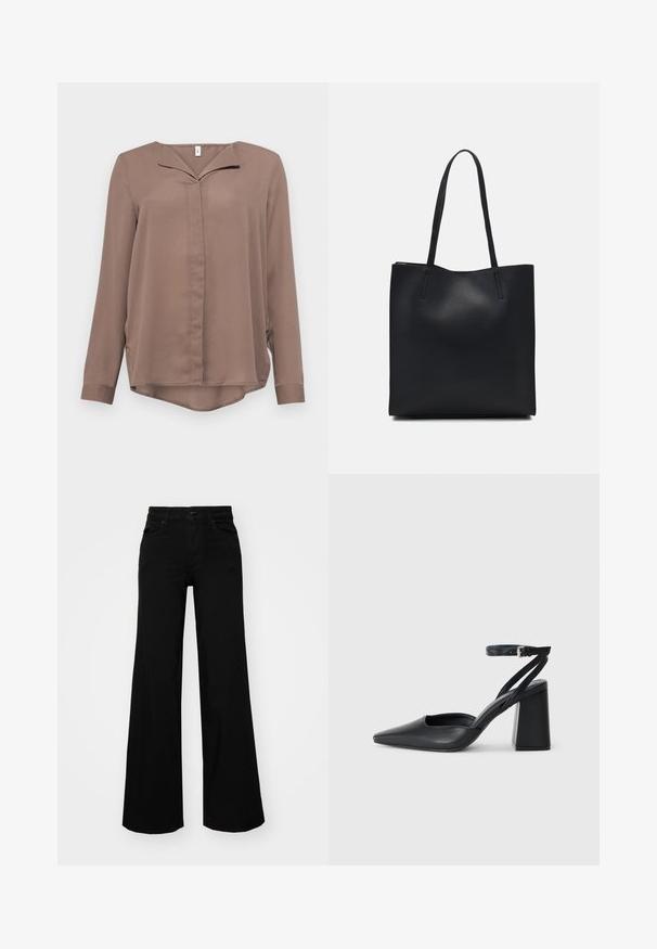 ONLY ONLTIANA LIFE LOOSE - Blūze - brown lentil; Melni plaša kāju bikses, izgatavotas no džinsa, ar strukturētu jostu, jostu cilpiņām un priekšējām kabatām. Gluda tekstūra ar klasisku dizainu.; Melna ādas augstpapēžu kurpe ar norakstīto purngala formu, potītes siksniņu un masīlu papēdi. Gluda tekstūra, elegants dizains un minimālisma estētika.; Melnas ādas somiņa ar gludu tekstūru, taisnstūra formu un divām garām rokturiem. Nav redzamu aparatūras vai rotājumu.