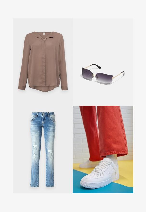 ONLY ONLTIANA LIFE LOOSE  - Blouse - brown lentil; Jeans en denim bleu clair avec une coupe décontractée, présentant des détails usés, une braguette à boutons avec deux boutons et des jambes droites.; Baskets blanches en cuir avec une boîte à orteils perforée, semelle texturée et lacets blancs, associées à un large pantalon rouge et un fond bleu et jaune.; Lunettes de soleil avec une lentille dégradée grise, une monture en métal doré et des accents en plastique noir. Lentilles uniques en forme de papillon avec des branches fines.; Boucles d'oreilles en or avec une finition lisse et brillante. Design circulaire présentant un petit clou et une attache transparente pour un port sécurisé.
