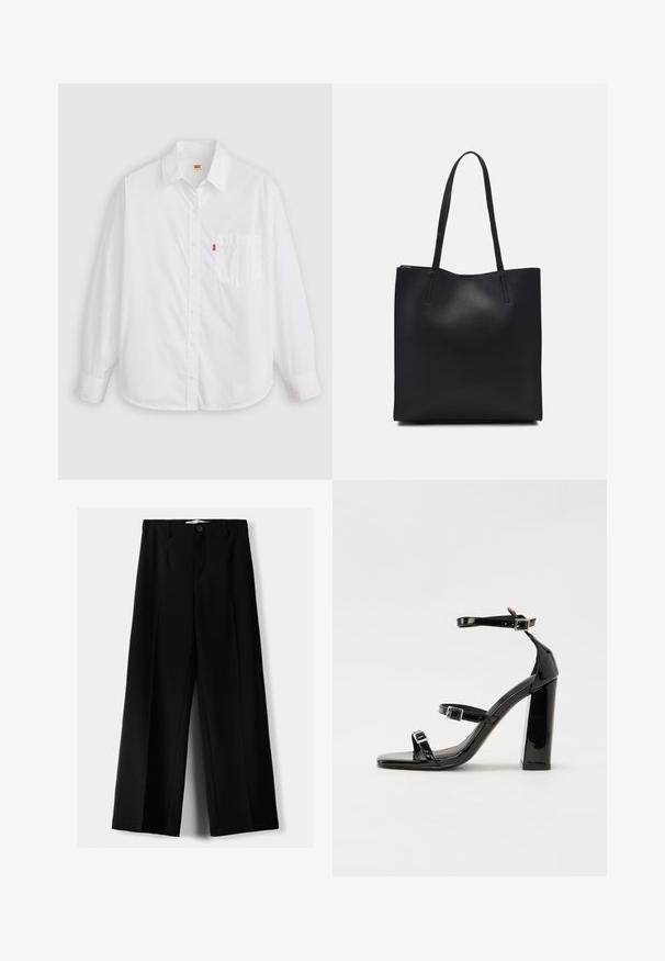 Camicia bianca con maniche lunghe e bottoni, realizzata in cotone. Presenta un collo, una tasca frontale, un orlo arrotondato e un piccolo etichetta rossa vicino alla tasca.; Pantaloni neri a gamba larga realizzati in tessuto leggero, caratterizzati da una chiusura frontale con bottone e frontale piatto, con orli cuciti con precisione.; Sandali con tacco in vernice nera, con punta squadrata, cinturini alla caviglia e fibbie in argento. Presentano un tacco a blocco spesso per maggiore stabilità.; Borsa tote in pelle nera con texture liscia, forma rettangolare e due manici lunghi. Nessun hardware o decorazione visibile.
