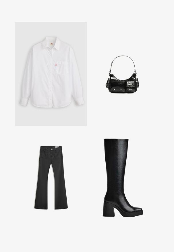 Bílá košile s dlouhým rukávem na knoflíky vyrobená z bavlny. Obsahuje límec, přední kapsu, zaoblený lem a malou červenou štítkovou značku poblíž kapsy.; Černé rozšířené džíny vyrobené z jemného džínsového materiálu, se dvěma zadními kapsami a zapínáním na knoflík v pase.; Černé vysoké kozačky vyrobené z texturovaného syntetického materiálu, se čtveratou špicí, širokým vysokým podpatkem a hladkým, elegantním povrchem.; Černá lakovaná kožená kabelka s křivkovým tvarem, jedním ramenním popruhem, předními kapsami a stříbrnými kovovými detaily.