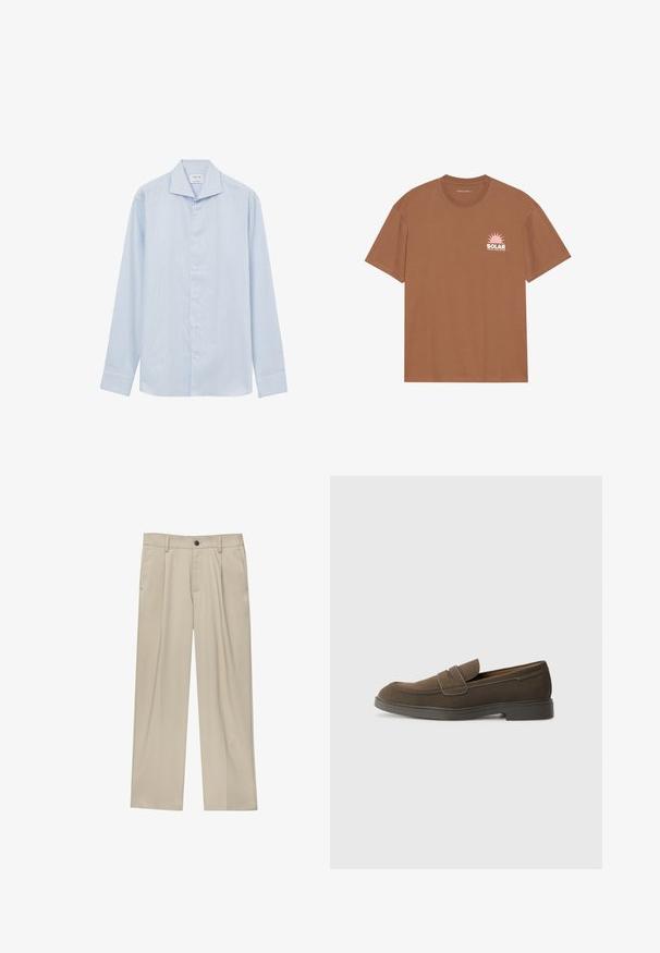 Camicia a maniche lunghe blu chiaro con sottili strisce verticali bianche, dotata di colletto aperto, bottoni frontali e orlo dritto.; T-shirt marrone a maniche corte in cotone, con una grafica di un sole rosa e il testo "SOLAR" sul lato sinistro del petto. Design con scollo rotondo.; Pantaloni beige a taglio dritto, con un solo bottone nero, passanti per la cintura e tasche laterali. Tessuto dalla texture liscia e design minimale.; Mocassino in suede marrone con punta arrotondata, una fascia sulla parte superiore e suola in gomma piatta. Design semplice con linee pulite e dettagli minimi.