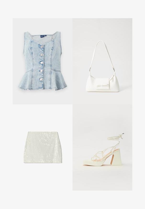 Hellblauses Denim-Peplum-Top mit Rundhalsausschnitt, sechs silbernen Druckknöpfen und durchgehenden Nahtdetails.; Bershka A-Linien-Rock - white; Weiße High-Heel-Sandale mit einem klobigen Absatz, die über ein Riemchendesign und ein Knöchelband verfügt. Glatte Textur mit einer Plattform vorne für zusätzliche Höhe.; Weiße synthetische Handtasche in dreieckiger Form, flache Vorderklappe und Schleifendetail, verstellbarer Trageriemen, glatte Textur und minimalistisches Design.