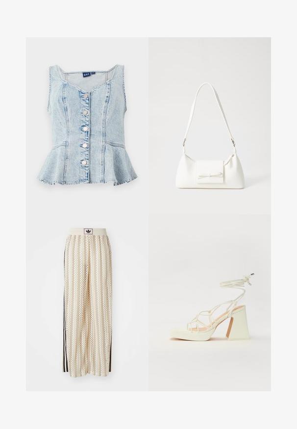 Lyseblå denim peplum topp med scoop-hals, seks sølvfargede trykknapper og sømdetaljer gjennom hele.; Kremfargede bukser med brede ben og zigzag-mønster, med en svart logo-linning og svarte striper på siden. Lett, teksturert stoff.; Hvit høyhælte sandal med kraftig hæl, med en stroppe-design og ankelbånd. Glatt tekstur med plattform foran for ekstra høyde.; Hvit syntetisk håndveske med trekantet form, flat klaff foran og sløyfe detaljer, justerbar stropp, glatt tekstur og minimalistisk design.