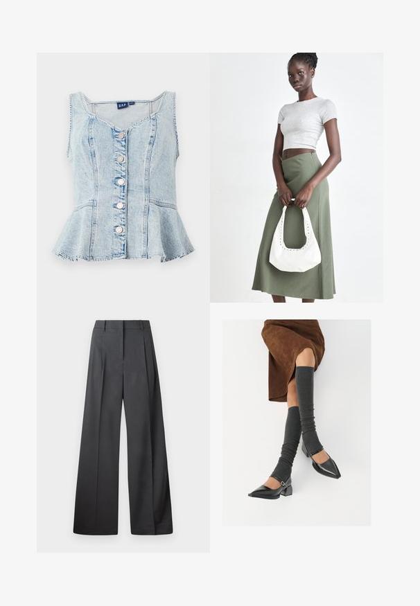 Lyseblå denim peplum topp med scoop-hals, seks sølvfargede trykknapper og sømdetaljer gjennom hele.; Vide bukser i mørkegrått stoff med høy livlinje, enkel press, og en glatt tekstur med en ren finish på ermekantene.; Sorte lakkpumps med spiss tå, blokkhel, og ankelstropp, kombinert med grå ribbestrikkede beinvarmere og et brunt semsket skinn skjørt.; Grå ribbet topp og olivengrønn høy midje skjørt. Modellen holder en hvit skulderveske med utskjæringsdetaljer. Enkelt design, tettsittende silhuett.