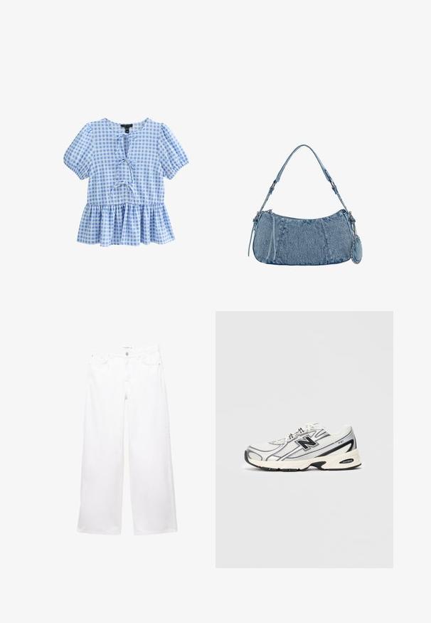 Blue and white checked blouse with short puff sleeves, a round neckline, and a peplum hem featuring a lace-up front detail.; White wide-leg jeans made of denim with a smooth texture. Features a button and zipper closure with two front pockets and two back pockets.; White and gray athletic sneaker with black "N" logo, mesh upper, cushioned sole, and lace-up design, shown on plain light gray background.; Denim handbag with a curved shape, light blue color, adjustable shoulder strap, and a small detachable pouch with metallic accents.