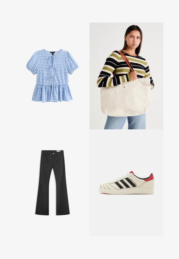 Blue and white checked blouse with short puff sleeves, a round neckline, and a peplum hem featuring a lace-up front detail.; Black flared jeans made of denim with a smooth texture, featuring two back pockets and a button closure at the waist.; Cream leather sneakers with black stripes, red heel accents, and textured details. Features a rubber sole and lace-up closure.; Large beige canvas tote bag with brown leather straps, featuring a minimal design and visible stitching accents.