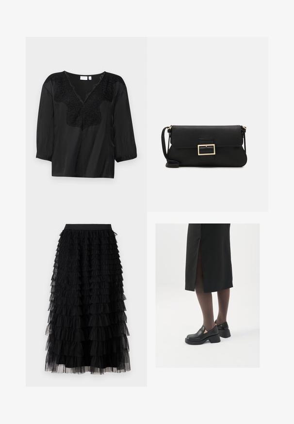 Melnā blūze ar V-veida kakla izgriezumu, kas rotāta ar sarežģītu melnu mežģīņu detaļu ap kakla izgriezumu un trīs ceturtdaļu piedurknēm ar elastīgiem aprocēm.; Vero Moda VMNAJA RUFFLE SKIRT - Maksi svārki - black; Melni ādas apavi ar noapaļotu purngalu, biezām bloku papēžiem un elastīgiem sānu akcentiem, apvienoti ar tumšām zeķubiksēm un melnu svārku ar šķirbu.; Melnas ādas saķeres soma ar atloku un zelta metāla sprādzi. Ietver melnu siksnu un elegantu, minimālistisku dizainu.; Sudraba gredzenveida auskari ar minimālistisku dizainu. Cirkulāra forma, gluda tekstūra un plāns profils. Vieglu svaru ar spīdīgu apdari.