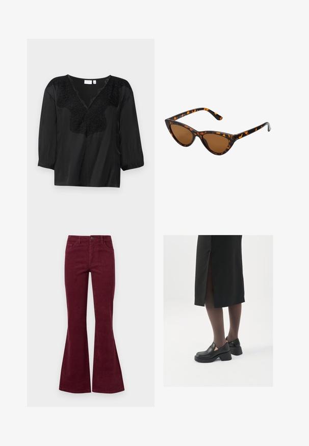 Črna bluzica z V-izrezom, ki se ponaša z zapletenimi črnimi čipkastimi detajli na izrezu in rokavi do tri četrtine s elastiko na manšetah.; Burgundske kordurojske hlače s širokimi hlačnicami, petimi žepi, sprednjim zapiranjem na gumb in teksturirano tkanino. Široke noge se razširijo od kolena do roba.; Črne usnjene čevlje s zaobljenim prstom, debelim blokastim petama in elastičnimi stranskimi detajli, v kombinaciji s temno nogavicami in črno krilo z razporkom.; Mačje oči sončna očala z okvirom v črno-oranžni želvej ohišji, rjavimi lečami in elegantnimi, ostrimi konicami. Imajo minimalistični logo na ročaju.