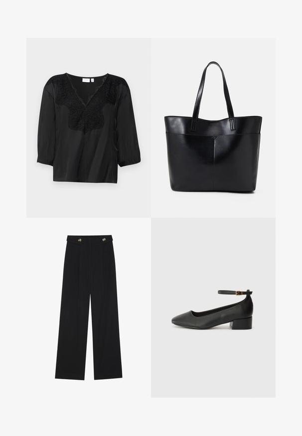 Blusa preta com decote em V, apresentando detalhes intrincados de renda preta na golinha e mangas de três quartos com punhos elásticos.; Calças largas pretas com cintura alta, detalhes em botão na cintura e pregas frontais.; Sandal de pele preta com bico pontiagudo e um salto bloco baixo. Apresenta uma tira no tornozelo com uma fivela em tom dourado. Textura suave.; Bolsa tote preta em couro com duas alças longas, textura suave e forma estruturada. Apresenta um bolso frontal para armazenamento adicional.