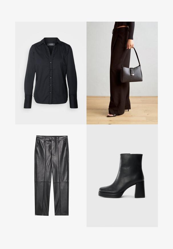Mos Mosh WAVE SHIRT - Blúzka so zapínaním na gombíky - black; Čierne kožené nohavice s hladkou textúrou, rovného strihu, s dvoma prednými vreckami a viditeľným švom.; Čierne kožené členkové topánky s blokovým podpätkom a platformovou podrážkou, zobrazené z boku na bielom pozadí.; Čierna kabelka so štruktúrovaným tvarom, hladkou textúrou a kovovou sponou. V kombinácii so širokými čiernymi nohavicami a sandálmi s otvorenou špičkou na drevenej podlahe.