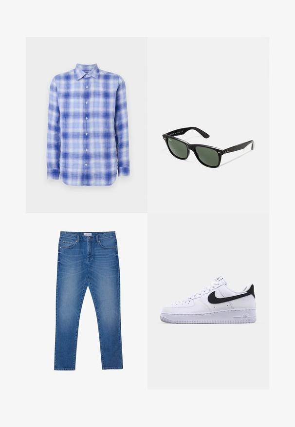 Blå og hvid ternet skjorte med lange ærmer og knapned krave, der har en blød tekstur og normal pasform. Knapperne er synlige foran.; Hvid bomulds tanktop med rund halsudskæring, brede skulderstropper og lige kant, der har en glat tekstur og uden synlige mønstre.; Blå denim jeans med lige ben-design, der har forlommer, syede sømme og en klassisk knaplukning.; Hvide lædersneakers med en struktureret sort Swoosh, flade snørebånd og en gummisål med et rillemønster. "AIR" er præget på hælen.; Sorte plastiksolkaber med grønne linser, firkantede stel, sølvaccent på brynene og teksturerede templede arme. Angivet mærke på den indre arm.