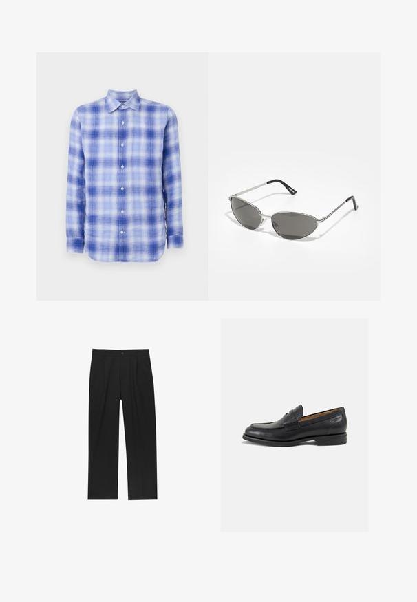Dlhý rukáv košele v modro-bielej kocke s golierom na gombíky, ktorý má jemnú textúru a bežný strih. Gombíky sú viditeľné pozdĺž prednej časti.; Biela tričko s krátkym rukávom, voľný strih, okrúhly výstrih, hladká bavlnená látka, nezdobená zadná strana, rovný lem, bez vzorov alebo akcentov.; Čierne nohavice s rovnými nohavicami, vyrobené z hladkej tkaniny. Majú predné puky a jediné gombíkové zapínanie v páse.; Čierne kožené mokasíny s hladkým povrchom, zaoblenou špičkou a dekoratívnym prešívaním na prednej časti. Nízky kokteilový opätok a jemný lesk.; Slnečné okuliare s elegantným, strieborným kovovým rámom, sivými tónovanými sklami a aerodynamickým dizajnom s ostrými hranami a tenkými rámikmi.