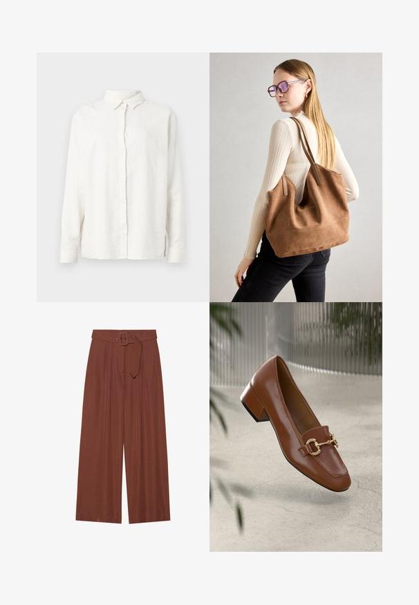Hvit lin skjorte med knapper og lange ermer, klassisk krage, frontlukking med knapper og avslappet passform. Myk tekstur med sidesplitter.; Bredde bukser i brunt stoff, med belte med firkantet spenne, plisserte design og myk tekstur.; Brun lakkert skinn loafer med firkantet tå, metallkjedeakkent, og lav blokkheel; glatt tekstur, minimalistisk design.; Brun semsketotebag med myk tekstur, stor åpning og lange stropper. Har et enkelt design med synlig søm og uten maskinvare.