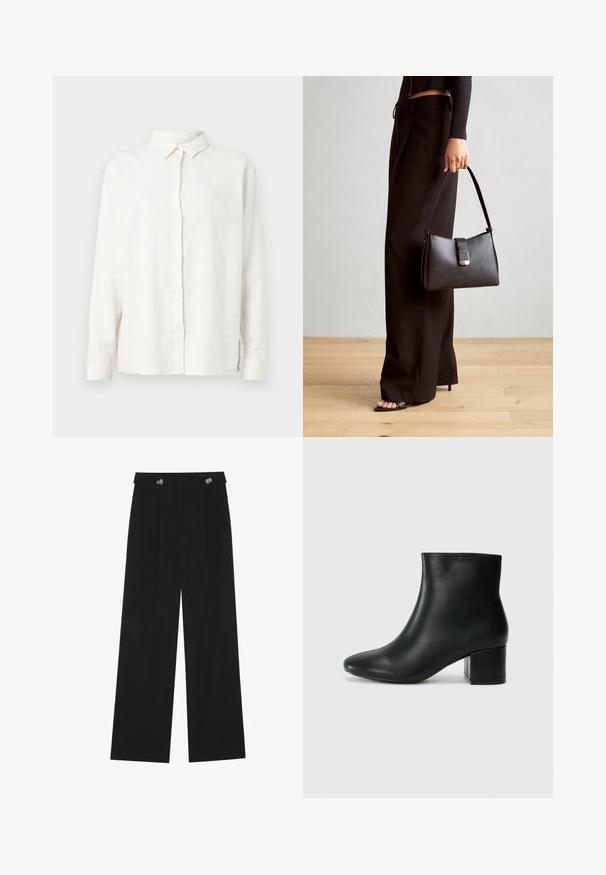 Chemise en lin blanche à manches longues, col classique, patte de boutonnage à l'avant et coupe décontractée. Texture douce avec fentes sur les côtés.; Pantalons larges noirs à taille haute, avec des détails de boutons à la taille et des plis sur le devant.; Bottines en cuir noir avec un bout pointu et un talon épais. Texture lisse avec des accents minimalistes et un design élégant et ajusté.; Sac à main noir à la forme structurée, texture lisse et fermoir métallique. Associé à un pantalon noir ample et des sandales ouvertes sur un sol en bois.