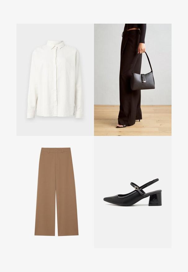 Biely ľanový košeľový top s dlhými rukávmi, klasickým golierom, predným zapínaním na gombíky a voľným strihom. Mäkká textúra s bočnými roztrhnutiami.; Široké nohavice v jednofarebnej hnedej farbe, vyrobené z textúrovanej látky; s vysokým pásom a štruktúrovaným dizajnom s pútkami na opasok.; Čierne lakované kožené lodičky so slingback dizajnom, špicatou špičkou, zaobleným výrezom a blokovým podpätkom. Obsahuje akcent zlatého tónu s prackou.; Čierna kabelka so štruktúrovaným tvarom, hladkou textúrou a kovovou sponou. V kombinácii so širokými čiernymi nohavicami a sandálmi s otvorenou špičkou na drevenej podlahe.