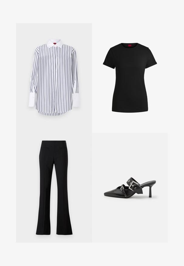 Balta mygtukinė marškinė su tamsiai mėlynomis vertikaliomis juostelėmis, ilgomis rankovėmis su baltais rankogaliais, klasikinis apykaklė ir išlenktas hem. Lygus audinio tekstūra.; Juodas medvilninis marškinėlis su trumpomis sukamuojamomis rankovėmis, apvaliu iškirpimu ir raudona etikete. Lygus audinys, prigludusi forma su minimaliais papuošimais.; Juodos platėjančios kelnės, pagamintos iš lygaus audinio, su aukštu liemens kirpimu, turinčios dvi užpakalines kišenes ir raukšlę kiekvieno kojos priekio.; Juodos aukštakulnės mule bateliai su smailiu pirštu, pagaminti iš lygaus odos. Turi platų kulkšnies dirželį su kvadratiniu sidabro sagtimi ir skulptūromis.