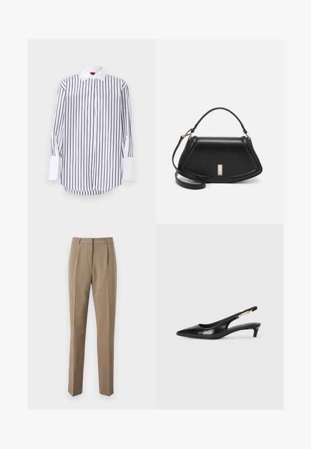 Baltas pogājums krekls ar tumši ziliem vertikāliem svītrojumiem, garas piedurknes ar baltām piedurkņu galiem, klasiskā apkakle un izliekta apakšmala. Gluda auduma tekstūra.; Brūni piegrieztie bikses, kas izgatavotas no gludas auduma, ar taisnu kāju dizainu, priekšējiem ielocījumiem un jostasvietu ar jostām.; Melnas ādas slingback zābaki ar smailu purngalu, ar šauru papēdi un zelta krāsas akcentu uz regulējama siksniņas. Gluda tekstūra.; Melnas ādas roku soma ar struktūru, ar īsu formu, augšējo rokturi un zelta aksesuāriem. Iekļauta regulējama plecu siksna.