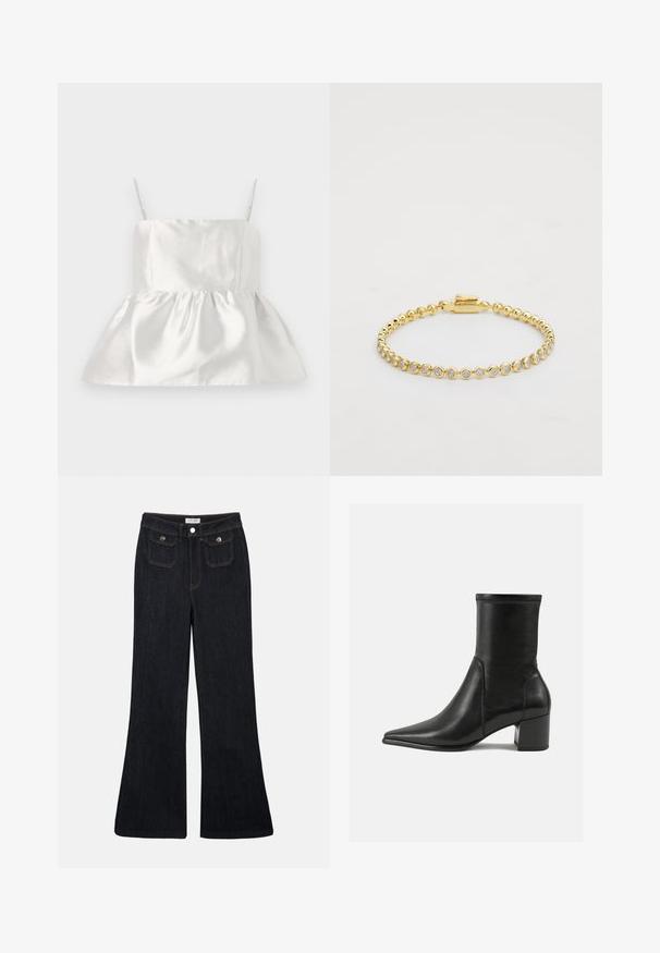 Baltos satino marškinėliai plonomis petnešėlėmis ir prigludusia krūtine, kuri išsiplečia į susiraukšlėjusią peplum apatinę dalį, lygi tekstūra su nežymiu blizgesiu.; Juodos džinsinės kelnės su platėjančiomis kojomis ir aukštu liemeniu, dviem priekinių kišenėmis ir oranžinėmis siūlėmis. Medžiaga atrodo tvirta ir lygi.; Juodos odinės aulinės botai, turintys smailią nosį, storą kulną ir ryškiai išryškintą siuvinėjimą viršutinėje dalyje.; Auksinis metalinis apyrankis, kuriame yra apvalių skaidrių rhinistonų vienodais raštais, su užsegimu vienoje pusėje. Lygus paviršius ir blizgus apdaila.