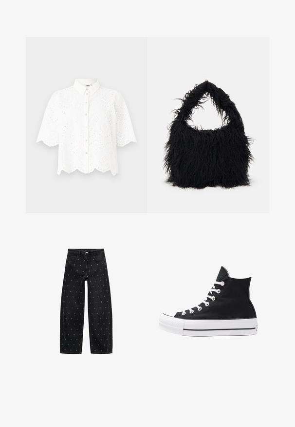 Valkoinen lyhythihainen paita, jossa on kauluskenttä, ja jossa on monimutkaisia leikattuja muotoja sekä aaltoileva helma. Nappikiinnitys edessä.; Mustat farkut, joissa on leveät lahkeet ja pieniä hopeisia niittejä, klassinen viisi-taskuinen muotoilu ja nappisuljenta edessä.; Korkean ylösulkeutuvan mustan kankaan lenkkitossun, jossa on valkoiset rei'itykset, nauhat ja kumipohja. Sisältää teksturoituneen kärkitilan ja musta-valkoiset raidat.; Even&Odd Shopping bag - black