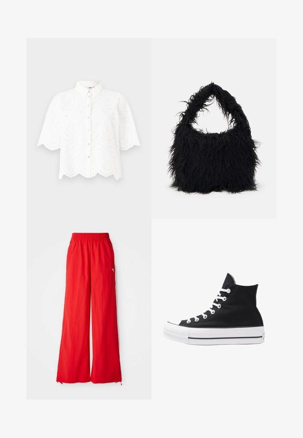 Bela kratka srajca s kratkimi rokavi in ovratnikom, ki ima zapleteno izrezljive vzorce in valovito spodnje robove. Zapenjanje s gumbi spredaj.; Rdeče široke hlače iz lahkotnega materiala, z elastičnim pasom, stranskimi žepi in diskretno oznako na strani.; Visoke črne platnene superge z belimi režami, vezalkami in gumijastim podplatom. Ponašajo se z teksturiranim zaščitnikom za prste in črno-belimi črtami.; Even&Odd Torba za nakupovanje - black