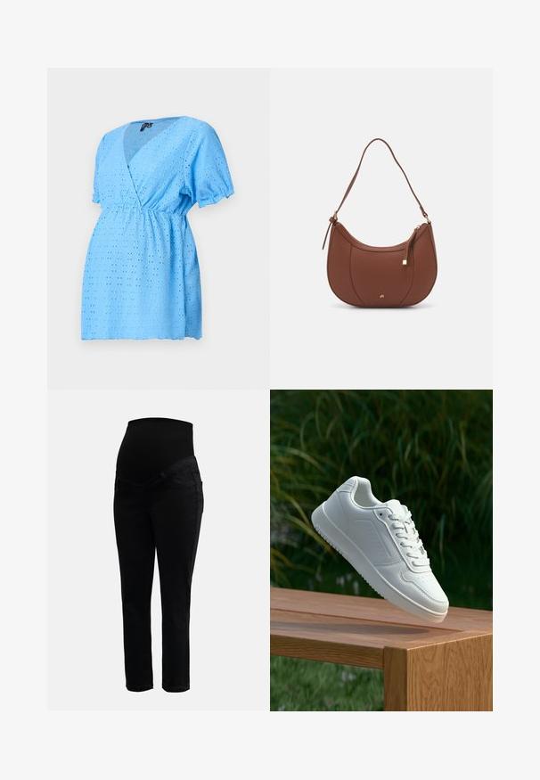 Light blue, short-sleeve blouse with a V-neck, featuring eyelet fabric with small cut-out patterns and an elasticized waist.; Black maternity jeans with stretchy high waistband and slim-fit legs, designed for comfort and support during pregnancy.; White sneaker with a smooth synthetic upper, perforated toe box, flat laces, and a textured sole, displayed on a wooden surface.; Brown faux leather shoulder bag with curved shape, minimal stitching, and a gold-tone hardware accent. Features a top zipper closure and adjustable strap.