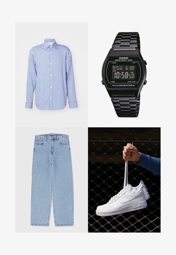 Hemd in Blau- und Weißstreifen, mit Kragen, langen Ärmeln, Knopfverschluss, aus weichem Stoff, mit geknöpften Manschetten und gleichmäßig verteilten vertikalen Streifen.; Hellblaue Jeans aus Denim mit geradem Bein, ausgestattet mit einer mittelhohen Taille, fünf Taschen sowie einem Knopf- und Reißverschluss.; Weiße Leder-Sneaker mit Perforationen, runder Zehenpartie, flacher Sohle und dicken Schnürsenkeln, mit sichtbar eingesticktem Swoosh-Logo und "AIR" an der Ferse.; Digitaluhr mit schwarzem Edelstahlband, quadratischem schwarzen Zifferblatt, weißen Ziffern, wasserdicht bis 5 bar und einer Beleuchtungsfunktion.