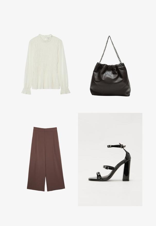 Biela blúzka s dlhým rukávom s volánkovým výstrihom, smockovaným telom a rozšírenými manžetami, vyrobená z textúrovaného materiálu s peplum lemom.; Hnedé nohavice so širokými nohavicami a hladkou textúrou, s vysokým pásom a prednými skladmi. Tkanina je ľahká a voľne sa pohybuje.; Čierne lakované sandále na podpätku so štvorcovou špičkou, navlečenými remienkami okolo členku a striebornými prackami. Disponujú masívnym blokovým podpätkom pre stabilitu.; Hnedá kožená taška so zberaným vrchom a reťazovým popruhom. Hladký povrch s lesklým finišom a jemným švom po stranách.