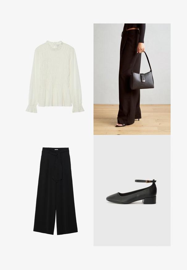 Weiße Bluse mit langen Ärmeln, die einen gerafften Ausschnitt, einen gerüschten Körper und ausgestellte Ärmelbündchen aufweist. Sie besteht aus strukturiertem Stoff und hat einen Peplum-Saum.; Schwarze weite Hosen aus strukturiertem Stoff, mit elastischem Bund und einem abnehmbaren Bindegürtel in der Taille für eine verstellbare Passform.; Schwarze Lederpumps mit spitzem Zehenbereich und niedrigem Blockabsatz. Mit einem Knöchelriemen und einer goldfarbenen Schnalle. Glatte Textur.; Schwarze Handtasche mit strukturierter Form, glatter Textur und einem metallischen Verschluss. Kombiniert mit weiten schwarzen Hosen und offenen Sandalen auf einem Holzboden.