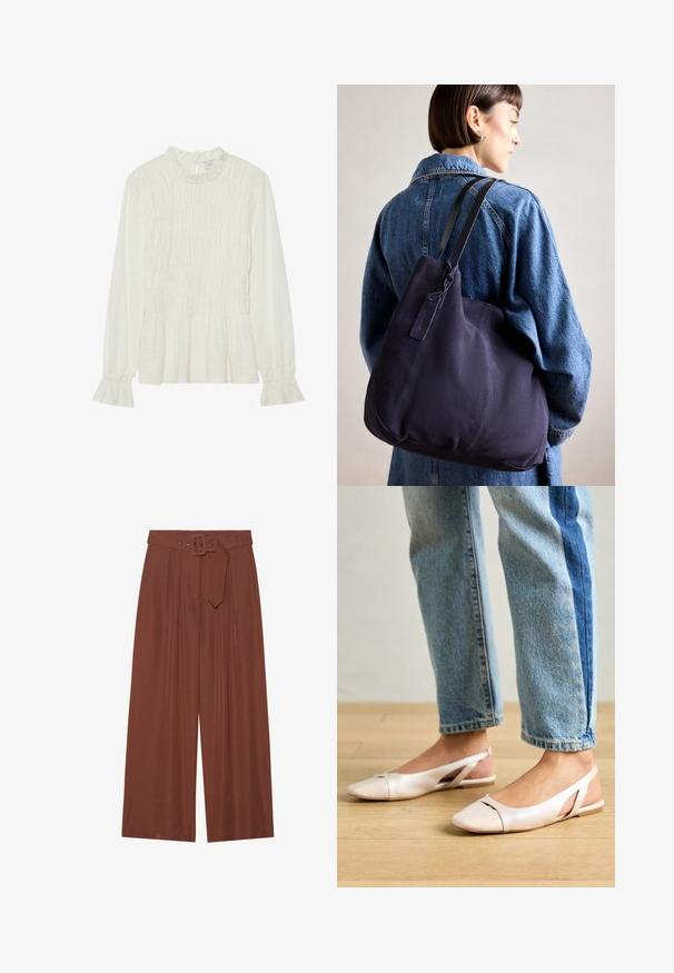 Valge pika varrukaga pluus, millel on volangiga kaelus, smockitud keha ja laienenud mansetid, valmistatud tekstureeritud kangast, mille allääres on peplum.; Küljed on laiad pruunidest kangast püksid, millel on ruudukujuline pandla ja pleeditud disain, samuti sile tekstuur.; Kahvatu roosa slingback lapikute jalatsite paar, millel on terav varvas, valmistatud siledast nahataolisest materjalist. Omab külgedel lõikekohti ja lapikut kontsa.; Tumesinise kangast õlalauk, millel on pehme, struktureeritud kuju, must rihm, tikandiga detailid ja väike brändi silt.