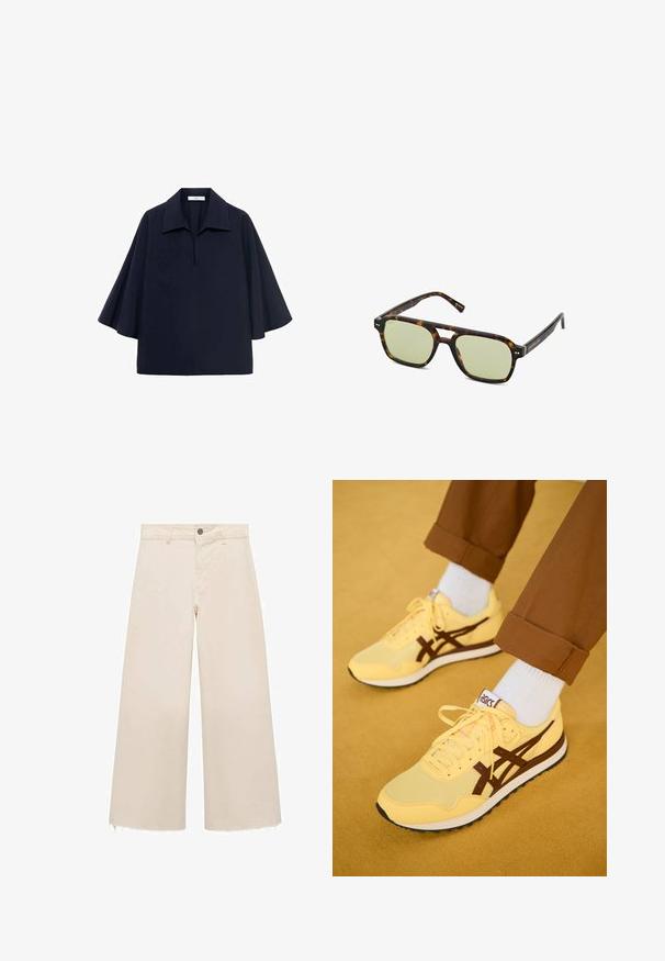 Dunkelblaue oversized Bluse mit spitzem Kragen, kurzen Fledermausärmeln und einem Reißverschluss-Detail auf der Vorderseite. Glatter Stoff mit minimalistischem Design.; Weit geschnittene Hose aus leichtem beigen Baumwollstoff mit Knopfverschluss, dezent fransigem Saum und lockerem Schnitt.; Gelbe Sportschuhe mit braunen Akzenten, aus Netz- und Textilmaterialien, mit einer Schnürung vorne und einer Gummisohle, kombiniert mit weißen Socken.; Schildpatt-Sonnenbrille mit grünen Gläsern, rechteckigem Rahmen und auffälligem Brückendesign. Besitzt dezente Markenkennzeichnung am Bügel.
