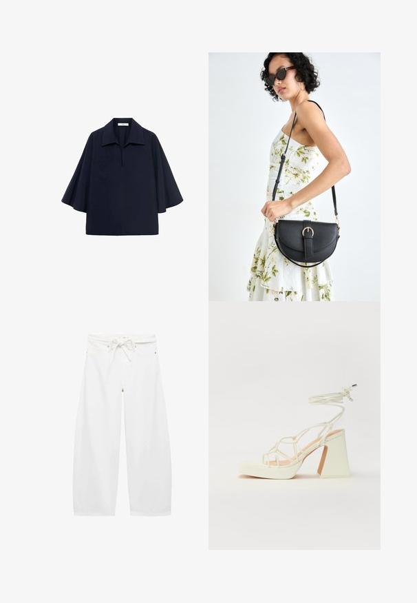 Mornarsko plava oversized bluza s oštrim kragnom, kratkim batwing rukavima i prednjim zatvaračem. Glatka tkanina s minimalističkim dizajnom.; Bijele hlače širokih nogavica izrađene od laganog materijala, s pojasom na vezanje, dva prednja džepa i jednostavnim metalnim dodacima.; Bijela sandala na visokoj potpetici s debelim petom, s remenom i vezanjem oko gležnja. Glatka tekstura s platformom sprijeda za dodatnu visinu.; Crna kožna torba s lukovitim oblikom, odvojivim remenom i zlatnim detaljima. Torba ima preklop s kopčom.