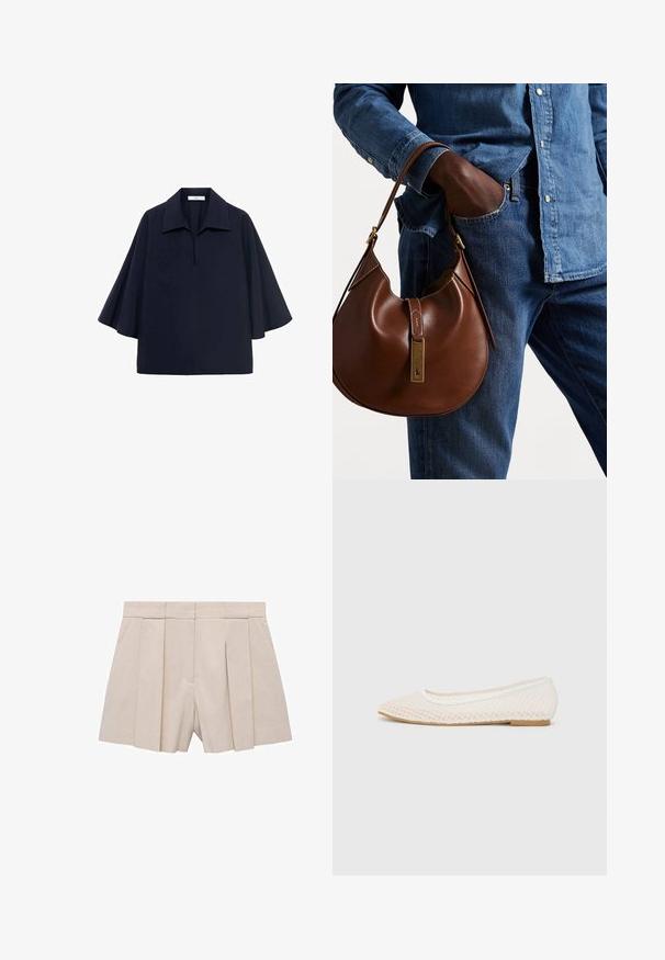 Navy blue oversized blouse with a pointed collar, short batwing sleeves, and a front zipper detail. Smooth fabric with a minimalist design.; Beige pleated shorts with a tailored design, featuring a high waist and smooth texture. Four front pleats create volume. No pockets.; White flat shoe featuring a mesh design with a pointed toe and a low, flat sole. Textured upper with a smooth lining and subtle contrast trim.; Brown leather hobo bag with a rounded shape, featuring a gold hardware accent and contrast stitching. Paired with a denim shirt and jeans.
