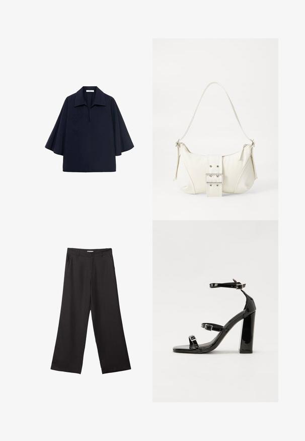 Námornícky modrá nadmerná blúzka s špicatým golierom, krátkymi rukávmi v štýle netopiera a predným zipsovým detailom. Hladká tkanina s minimalistickým dizajnom.; Čierne široké nohavice vyrobené z hladkej tkaniny, so zipsom vpredu a dvoma bočnými vreckami, s prispôsobeným strihom a minimalistickým dizajnom.; Čierne lakované sandále na podpätku so štvorcovou špičkou, navlečenými remienkami okolo členku a striebornými prackami. Disponujú masívnym blokovým podpätkom pre stabilitu.; Biela taška cez rameno s textúrovaným povrchom, centrálnou prackou a zakriveným tvarom. Zipsy na oboch stranách.