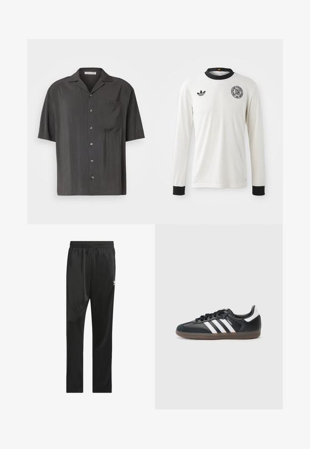 Chemise à manches courtes en charbonneau avec un tissu lisse, dotée d'une poche poitrine et d'un col classique. Accents de boutons de couleur contrastée.; Maillot de football à manches longues blanc avec une texture en ribbed, col et poignets noirs, arborant le logo Adidas noir et un emblème graphique circulaire.; Pantalon de sport noir en matériau lisse et léger. Doté d'une taille élastique et de rayures blanches sur les côtés avec un logo sur la cuisse.; Baskets à tige synthétique noire avec un design à trois bandes blanches, semelle à texture antidérapante et lacets noirs. Style athlétique à coupe basse.
