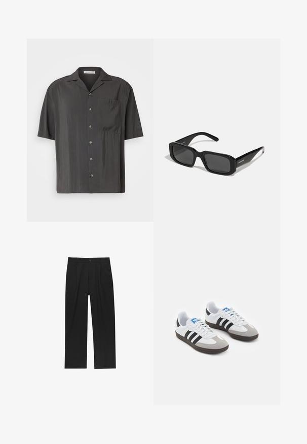 Majica s kratkim rukavima u tamnosivoj boji, od glatkog materijala, s pojasom na prsima i klasičnom kragnom. Dugmad u kontrastnoj boji.; Crne hlače ravnog kroja, izrađene od glatkog materijala. Imaju prednje nabore i jedan dugme na struku.; Sportske cipele s gornjištem od bijele kože, sivi suedinasti nos i tri crne pruge. Imaju plavi logo na jeziku i teksturiranu gumenu podlogu.; Arnette THEKIDD UNISEX - Sunčane naočale - black