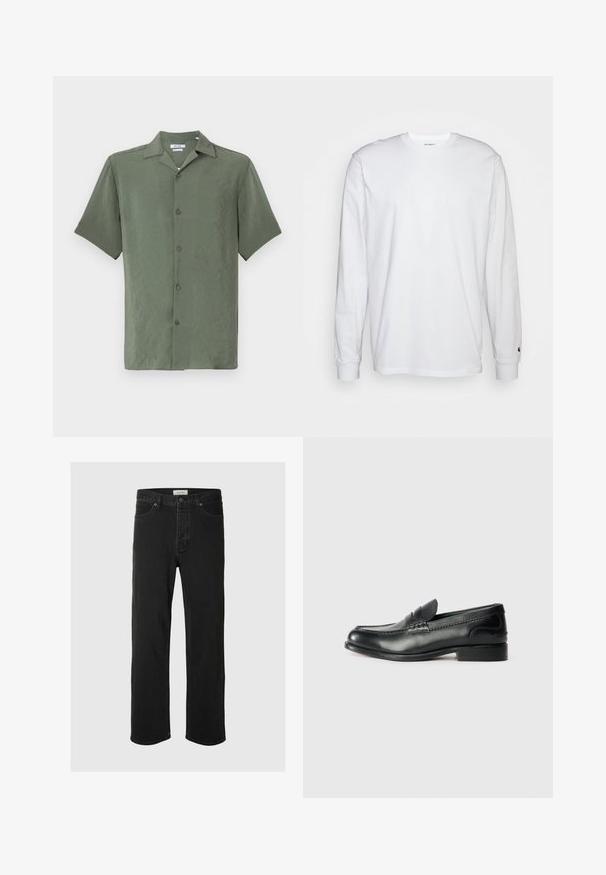 Rövidujjú gombos ing textúrált, olíva zöld anyagból, klasszikus gallérral és öt elülső gombbal.; Fehér, hosszú ujjú, pamut póló. Kerek nyakú kialakítás, bordázott mandzsetták és egy kis logó a bal ujján. Simaság jellemzi.; Fekete farmer egyenes szárú jezák klasszikus öt zsebes dizájnnal, gombos záródással, minimális varrással és puha tapintással rendelkezik.; Fekete bőr mokaszinok sima felülettel, varrott részletekkel a lábfej részen és kissé megemelt sarokkal.