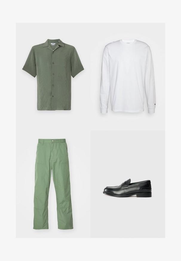 Krátkozrný košeľový dres z textúrovanej olivovo zelenej látky s klasickým golierom a piatimi prednými gombíkmi.; Biela dlhá bavlnená tričko s dlhým rukávom. Dizajn s okrúhlym výstrihom a rebrovanými manžetami, malá nášivka na ľavom rukáve. Hladká textura.; Svetlozelené nohavice vo voľnom strihu s hladkým povrchom, so bočnými vreckami a viditeľnými stehmi. Plnej dĺžky s rovný strihom nohavíc.; Čierne kožené loafers s hladkým povrchom, prešívaním cez vampus a mierne vyvýšeným podpätkom.