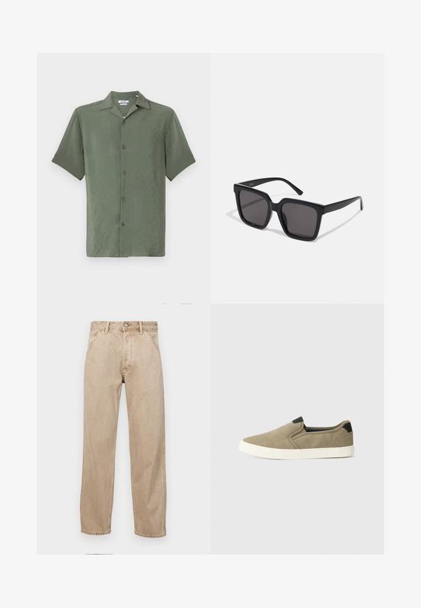 Kortærmet skjorte med knaplukning i en struktureret, olivengrøn stof, der har en klassisk krave og fem frontknapper.; Beige denimjeans med lige bendesign, med forlommer, metalknaplukning og subtil struktur.; Taupe slip-on sko med en tekstureret stofoverdel, kontrastfarvet sort hælaccent og hvid gummisål. Perforeret design for åndbarhed.; Sorte brillestel med firkantet ramme, mørktonede linser og glat, blankt plastikmateriale. Bøjlerne har et enkelt, forlænget design.; Hvid perlekæde med ensartet rund form, glat overflade og metalspænde med forlængerkæde for justerbar længde.