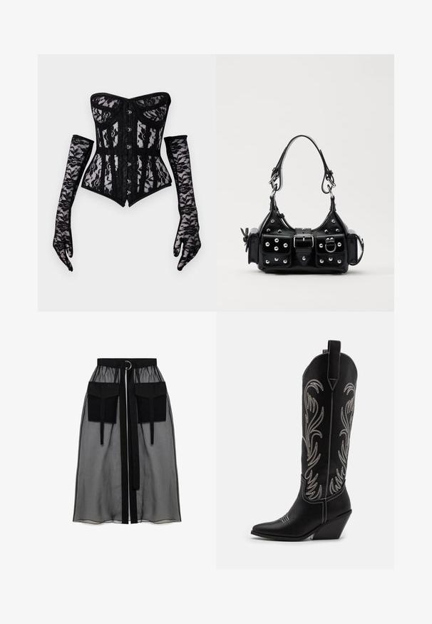 Melna mežģīņu korsete bez siksnām, ar pogu priekšpusi un pieguļošu siluetu, kopā ar garām mežģīņu cimdiem.; Melnā caurspīdīgā svārka ar salikto jostasvietu, kas ietver divas lielas priekšējās kabatas, jostas saitīti un apaļu metāla akcentu.; Melnas ādas kovboju zābakus ar norādītām pirkstiem, sānām paceltu papēdi un sudraba izšūtām ziedu rakstiem gar zābaka kāju. Kontrasta dūrieni visā zābakā.; Melnas ādas rokturmais ar izliekumu, ar sudraba iedurtiem, sprādzi un divām sānu kabatām. Regulējams siksniņas garums dažādām nēsāšanas iespējām.