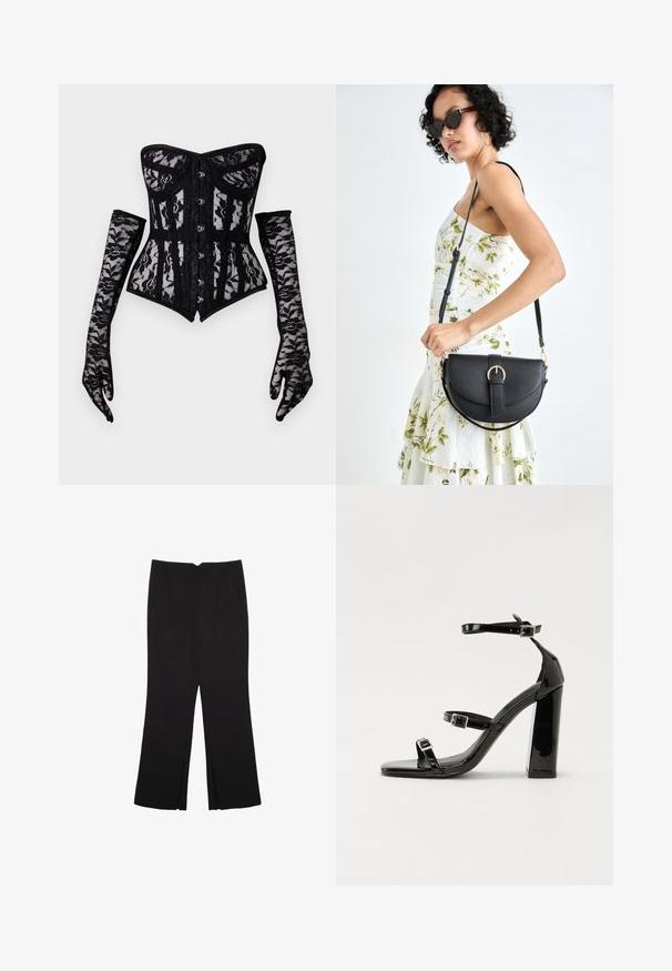 Černý krajkový korzet bez ramínek, se zapínáním na knoflíky v přední části a vypasovaným střihem, doplněný dlouhými krajkovými rukavicemi.; Černé kalhoty s rovným střihem, s předními kapsami a bočními rozparky na lemu. Vyrobené z jemné, hladké tkaniny. Vhodné na různé příležitosti.; Černé lakované sandály na podpatku se čtveratou špičkou, lýtkovými pásky a stříbrnými přezkami. Disponují masivním blokovým podpatkem pro stabilitu.; Černá kožená kabelka s křivkovým tvarem, odnímatelným popruhem a zlatými detaily. Kabelka má klopu s přezkou.