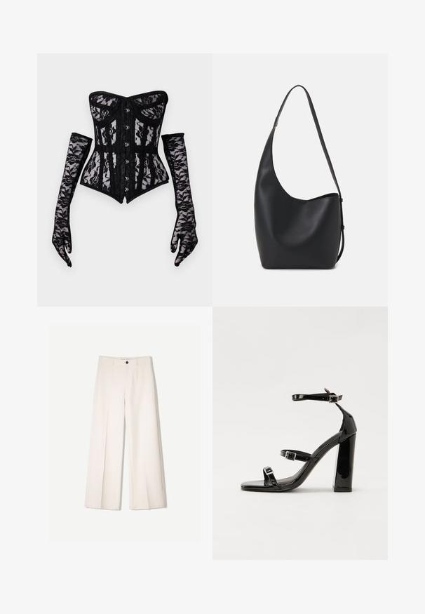 Čierny čipkový korzet s bezramienkovým dizajnom, ktorý má predné zapínanie na gombíky a priliehavý strih, doplnený dlhými čipkovými rukavicami.; Krémové široké nohavice s nohavicami na mieru, s dvoma prednými vreckami a jedným predným zapínaním na gombík, vyrobené z hladkej tkaniny.; Čierne lakované sandále na podpätku so štvorcovou špičkou, navlečenými remienkami okolo členku a striebornými prackami. Disponujú masívnym blokovým podpätkom pre stabilitu.; Čierna kožená hobo taška so hladkou textúrou, zakriveným tvarom a jedným nastaviteľným popruhom; má široké otvorenie na vrchu.