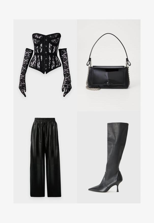 Corset en dentelle noire avec un design sans bretelles, doté d'une fermeture à boutons et d'une silhouette ajustée, accompagné de longs gants en dentelle.; Pantalons larges en cuir noir avec une ceinture élastique, dotés de deux poches latérales et d'une texture lisse et brillante.; Bottes en cuir noir arrivant jusqu'aux genoux avec un bout pointu et un talon aiguille fin. Texture lisse avec un design ajusté et des coutures au bord supérieur.; Sac à main en cuir verni noir de forme rectangulaire, avec une chaîne en bandoulière et un accent matériel distinctif au centre. Texture lisse.
