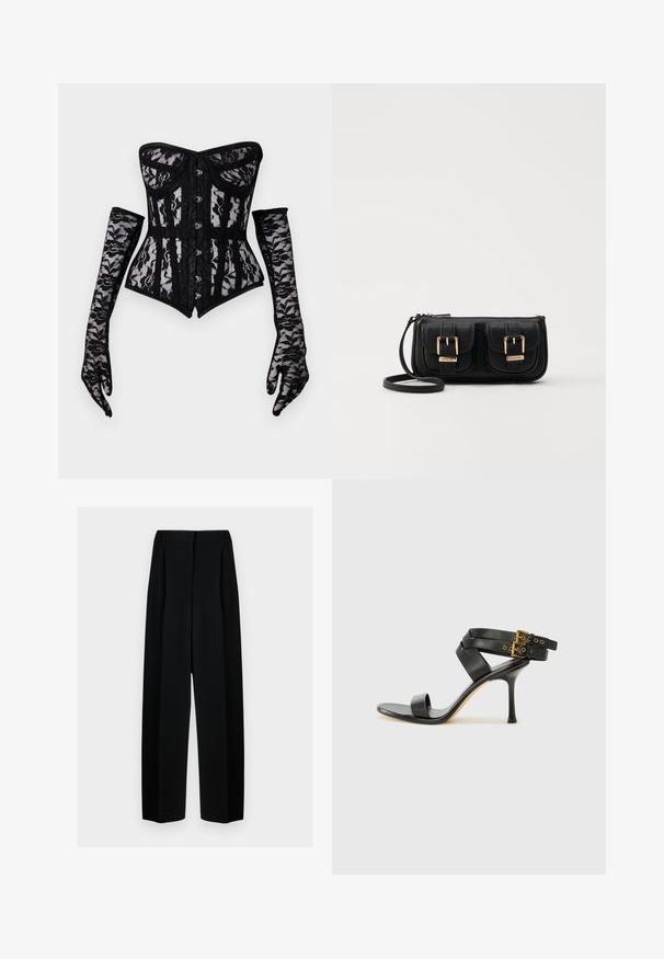 Fekete csipke fűző, pánt nélküli kialakítással, gombos elülső résszel és testhez simuló szSilhuettával, hosszú csipke kesztyűvel kiegészítve.; Fekete, széles szárú nadrág magas derékkal, redők és sima textúra jellemzi. Az anyag könnyűnek tűnik és elegánsan hullámzik.; Fekete magassarkú szandál keresztpántos dizájnnal és állítható csattal. Simább felülettel és hegyes tűsarkúval rendelkezik.; Fekete bőr keresztbody táska két elülső zsebbel, arany csattokkal, cipzáras záródással és vékony pánttal. Textúrált felület és kompakt téglalap alak.