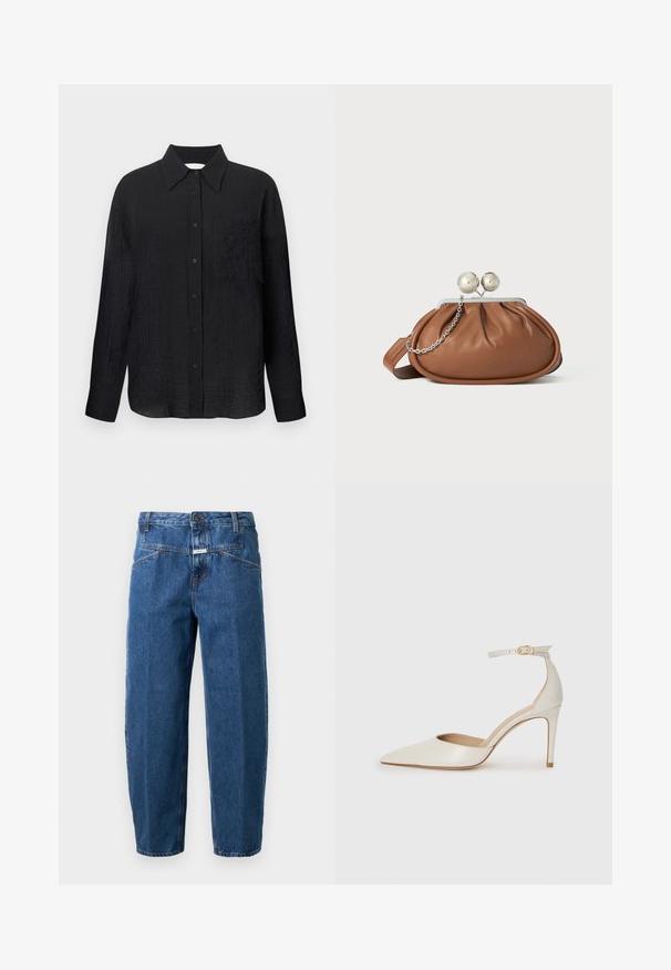 Svart knapp-up skjorta med ett strukturerat mönster, spetsig krage, långa ärmar och en bröstficka. Tillverkad av lättviktigt tyg.; Jeans i mörkblå denim med avslappnad passform, femficksdesign, stickade sömmar och knäppning i midjan.; Vit läderhögklackad sko med spetsig tå, ankelrem och en smal stilettklack. Slät textur med diskret glänsande finish.; Brun läderhandväska med silverkulklämma och en liten silversked på vit bakgrund.
