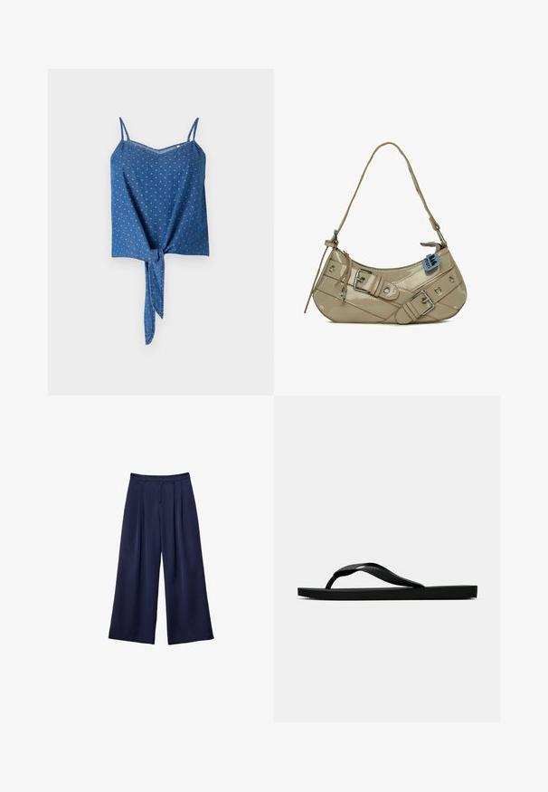 Plava traper majica s podesivim trakama na ramenima, teksturirana tkanina, V-izrez i detalj s vezanjem sprijeda. Sadrži suptilan točkast uzorak.; Tamnoplave široke hlače s plitkim naborima, s gumbom u struku i petljama za remen, prikazane ravno na bijeloj pozadini.; Crne gumene japanke s teksturiranim remenom i jednostavnom ravnom potplatom, prikazane s strane na jednostavnoj svijetloj pozadini.; Bež torba od lakirane kože s zakrivljenim oblikom, prilagodljivim remenom, srebrnim hardverom, ukrasnim kopčama i kružnim nitnama.