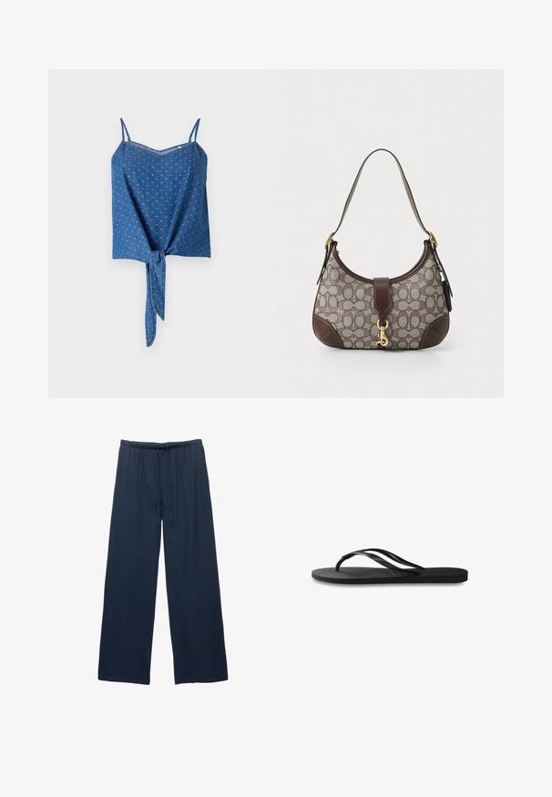 Top in denim blu con spalline regolabili, tessuto strutturato, scollatura a V e dettaglio annodato sul davanti. Presenta un sottile motivo a pois.; Pantaloni ampi blu navy realizzati in un tessuto morbido, con una cintura elastica e un cordoncino per una vestibilità regolabile.; Infradito neri con suola in gomma testurizzata, due cinghie sottili e un sottile dettaglio del logo impresso sulla cinghia.; COACH HAMPTONS HOBO BAG IN SIGNATURE JACQUARD - Borsa a mano - oak maple