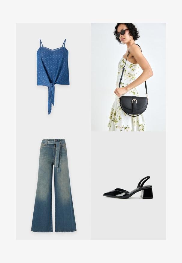 Blue denim top with adjustable spaghetti straps, textured fabric, a V-neckline, and a tied front detail. Features a subtle dotted pattern.; Wide-leg denim trousers featuring a light to dark blue gradient, high waist, belt loops, and a matching fabric belt. Textured denim finish.; Black patent leather slingback heels with a pointed toe and a geometric block heel. Features a sleek, minimal design and smooth texture.; Black leather handbag with a curved shape, detachable strap, and gold hardware. The bag features a flap with a buckle detail.