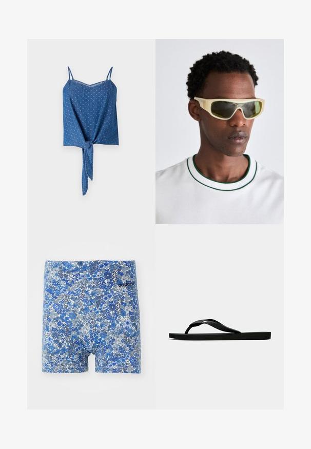 Sinine denimist top, millel on reguleeritavad spagetitrupid, tekstureeritud kangas, V-kaelus ja seotud eesmine detail. Omab peent punktimustrit.; Sinine lilleline trükkidega bokserite särk, millel on erinevad tooni ja sobiv disain, musta Adidas'i logo vööl.; Musta kummist suss, millel on tekstuuriga eraldi sõrmeosa ja lihtne lame tald, kuva külgvaates üheltoonilise heleda tausta ees.; Kollane raamiga läbipaistvad prillid ja rohelise tooniga objektiivid. Nurgeline disain laia templi ja valge särgiga, millel on rohelised aktsendid.