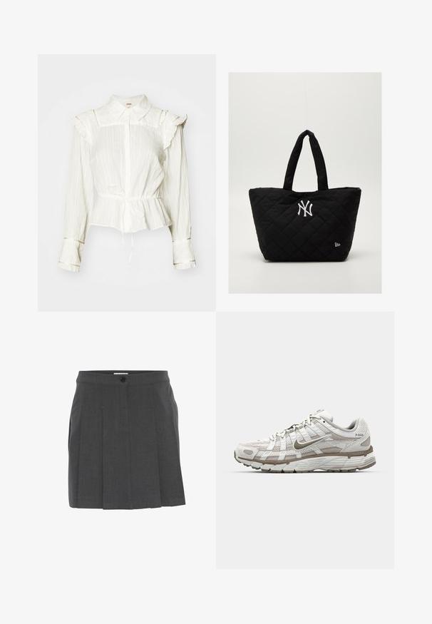 Bílá blůza s dlouhým rukávem, řasenými rameny, knoflíkovým zapínáním a peplum pasem s detailem na zavazování. Materiál je texturovaný a mírně pomačkaný.; Šedá skládací sukně s páskem, se zapínáním na knoflíky na přední straně. Vyrobeno z texturované látky, navrženo pro přiléhavý střih.; Bílé sportovní boty s vrchním dílem z prodyšné síťoviny, zpěvněním v světle hnědé barvě a měkkou podrážkou. Obsahují zavazování na šňůrky a text na boku.; Prošívaná černá taška na rameno s dvojitými uchy, s bílým logem New York Yankees a malým emblémem značky na boku.